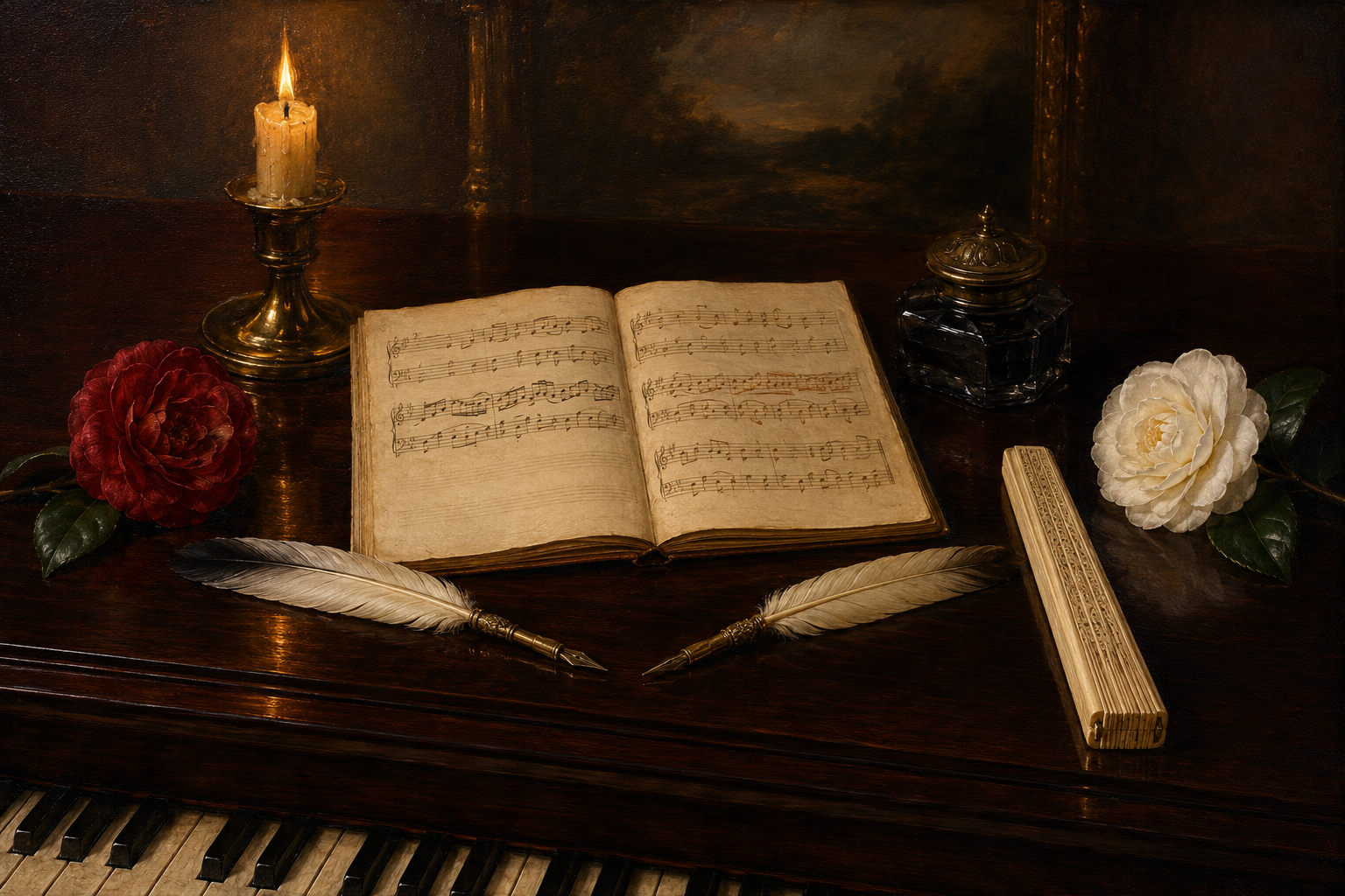 Partitura, pluma y flores dispuestas como una naturaleza muerta, ilustración seleccionada para Alma pura