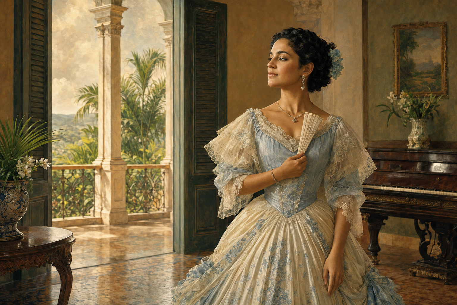 Dama puertorriqueña con abanico junto a un piano, inspirada en Alma sublime