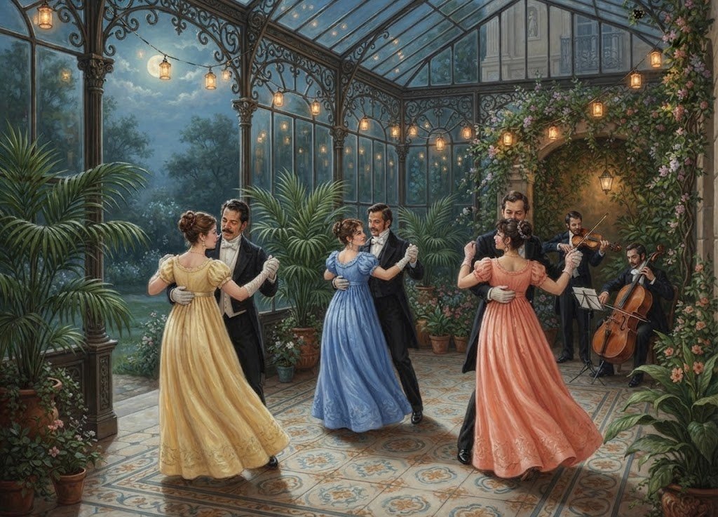 Baile en un jardín cubierto de vegetación, ilustración seleccionada para Alondras del bosque