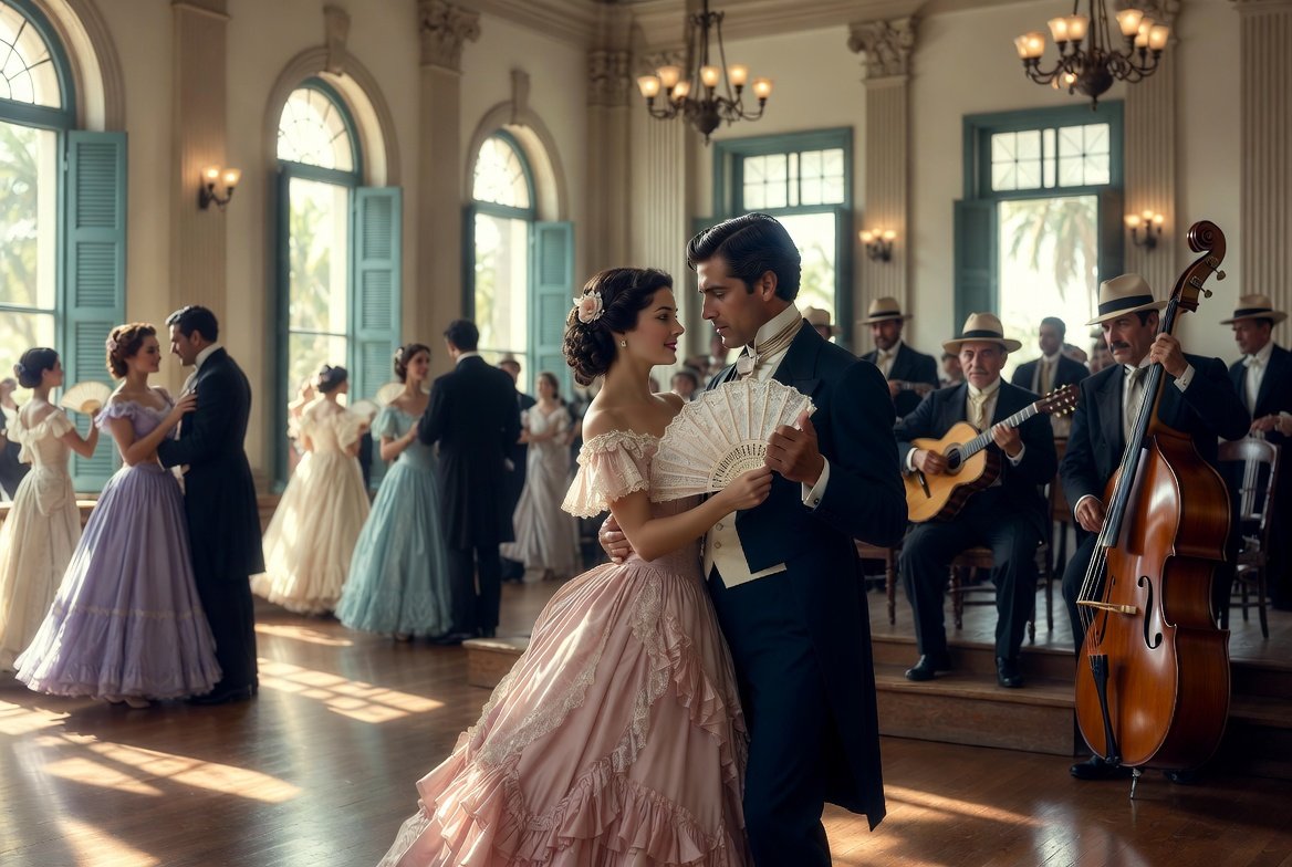 Pareja bailando en un salón puertorriqueño en una escena imaginaria inspirada en Amor eterno