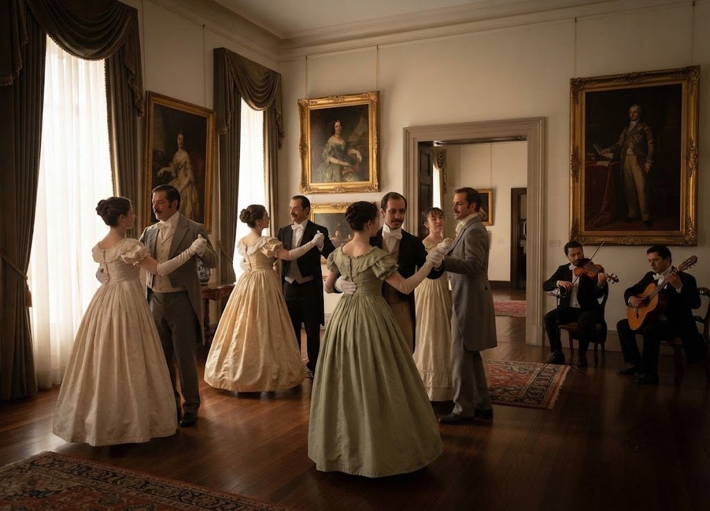 Parejas bailando en un salón antiguo, ilustración seleccionada para Añoranzas y quimeras