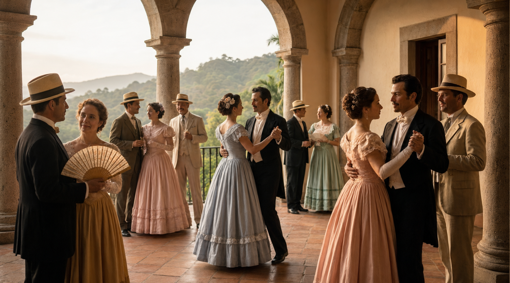 Parejas bailando y conversando en una galería de época