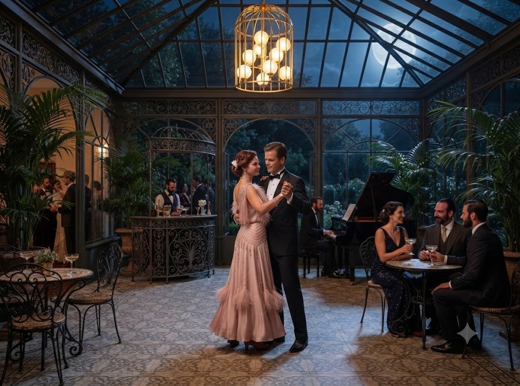 Pareja bailando en un elegante salón contemporáneo acristalado