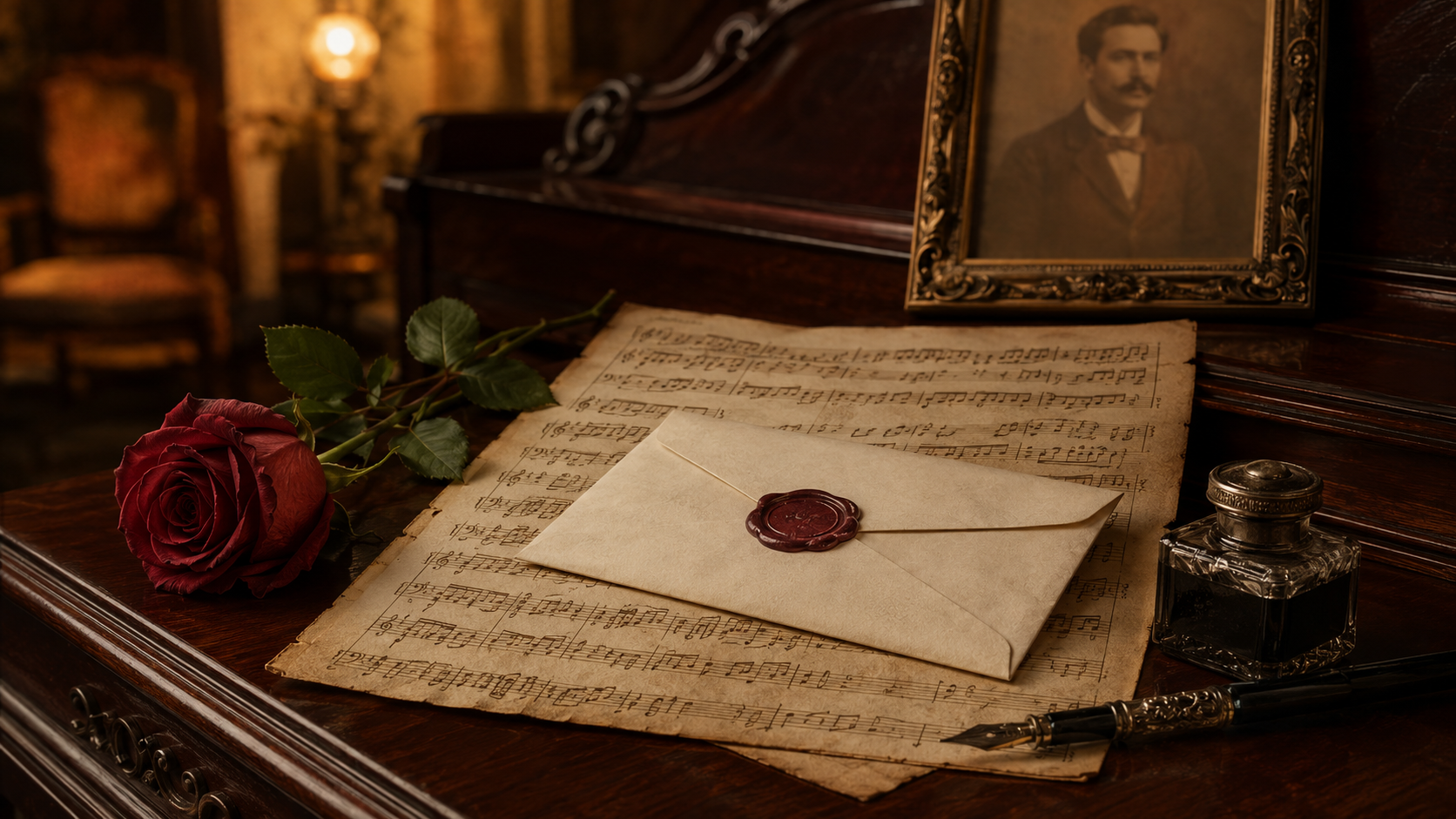 Carta sellada sobre una partitura junto a una rosa y el retrato de un compositor