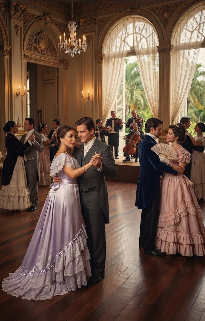 Parejas y conjunto de cámara en un salón puertorriqueño en una escena imaginaria inspirada en Sueño de amor