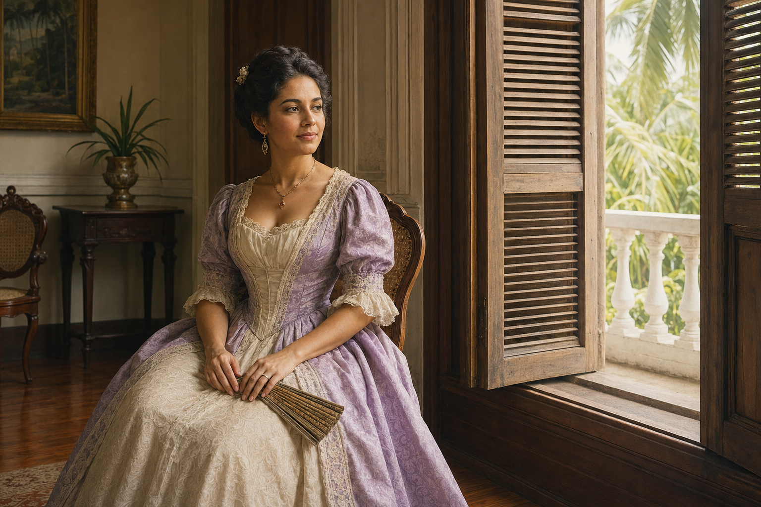 Dama sola en un salón colonial, ilustración inspirada en Consuelo