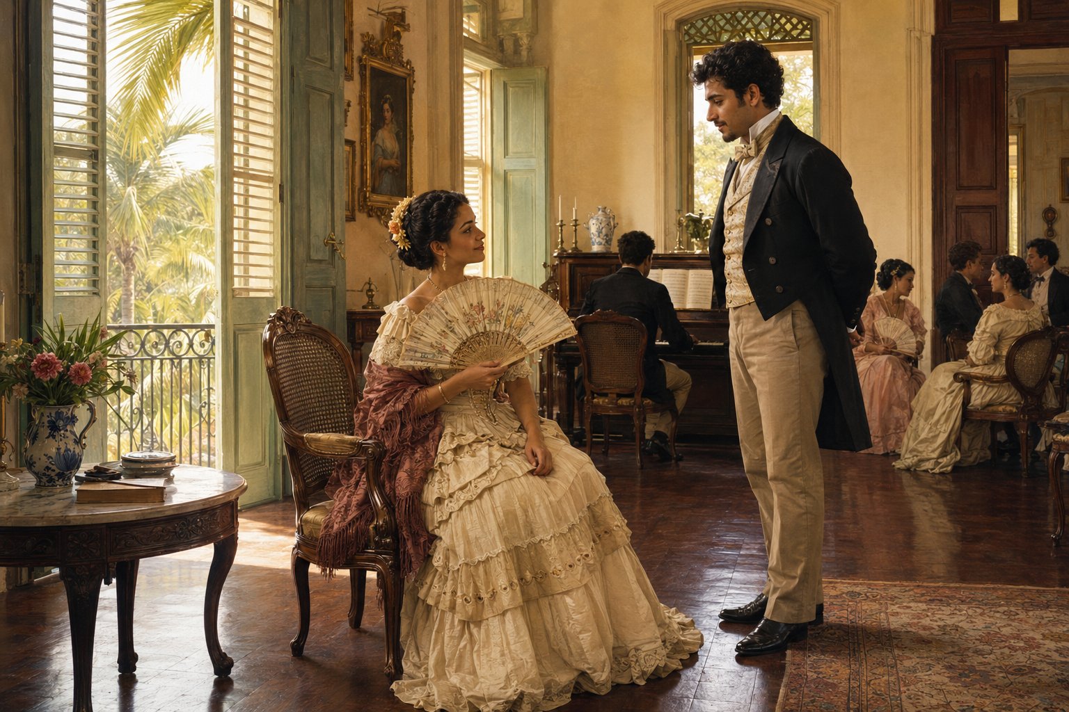 Dama y caballero conversando en un salón puertorriqueño