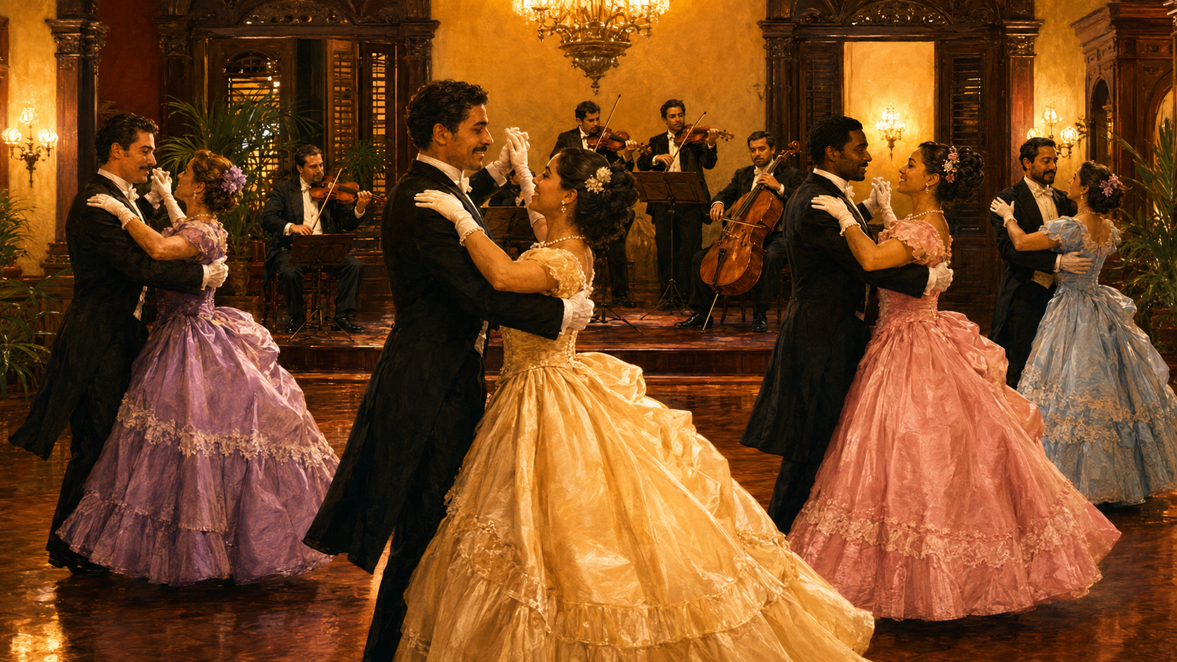 Escena imaginaria de un baile festivo de danza puertorriqueña