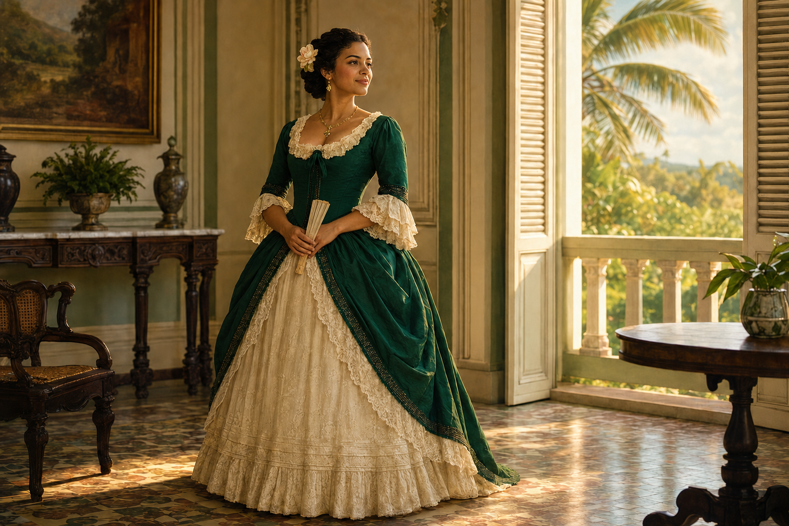 Dama puertorriqueña sola en un salón colonial, inspirada en Gloria