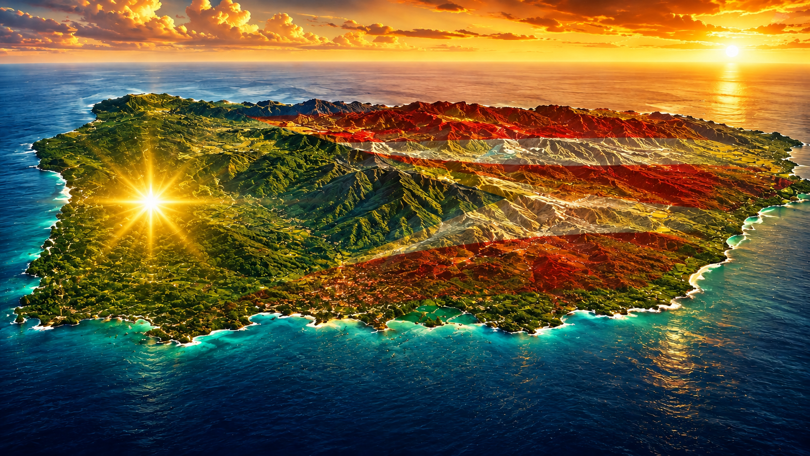 Mapa de Puerto Rico con una estrella fulgurante en el oeste