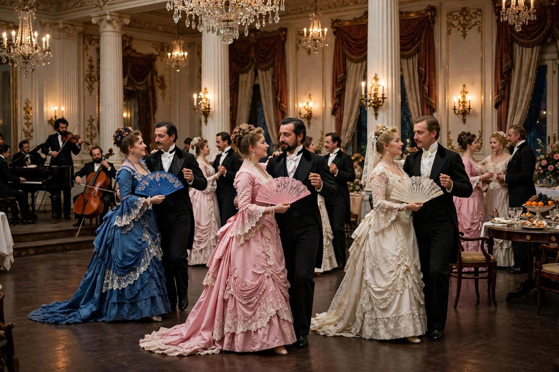 Elegante baile de época con parejas y abanicos, ilustración seleccionada para A Sylvia