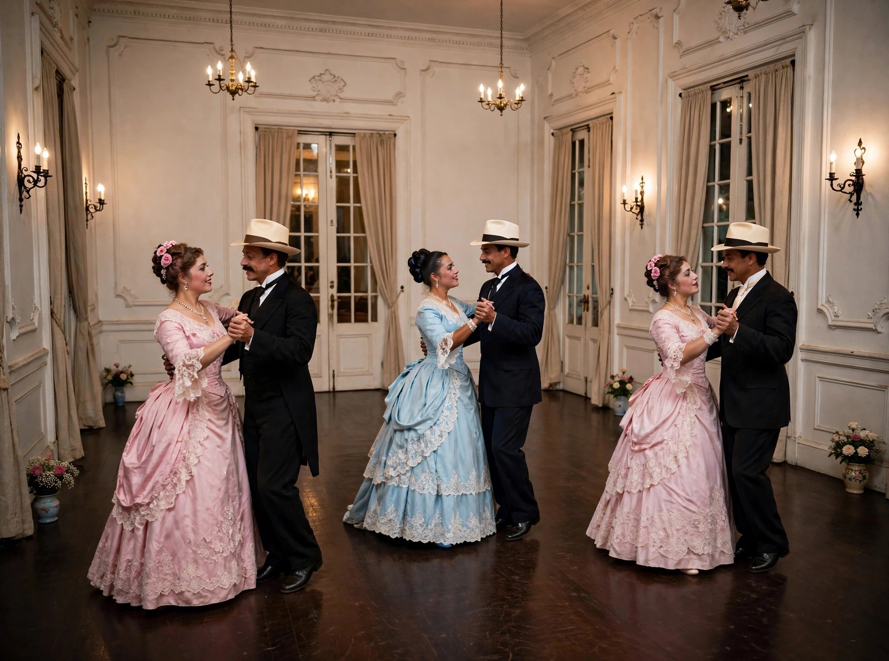 Tres parejas bailando alegremente en un salón puertorriqueño