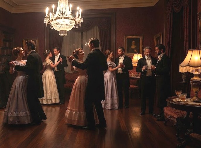 Baile íntimo en un salón antiguo, ilustración seleccionada para La sensitiva