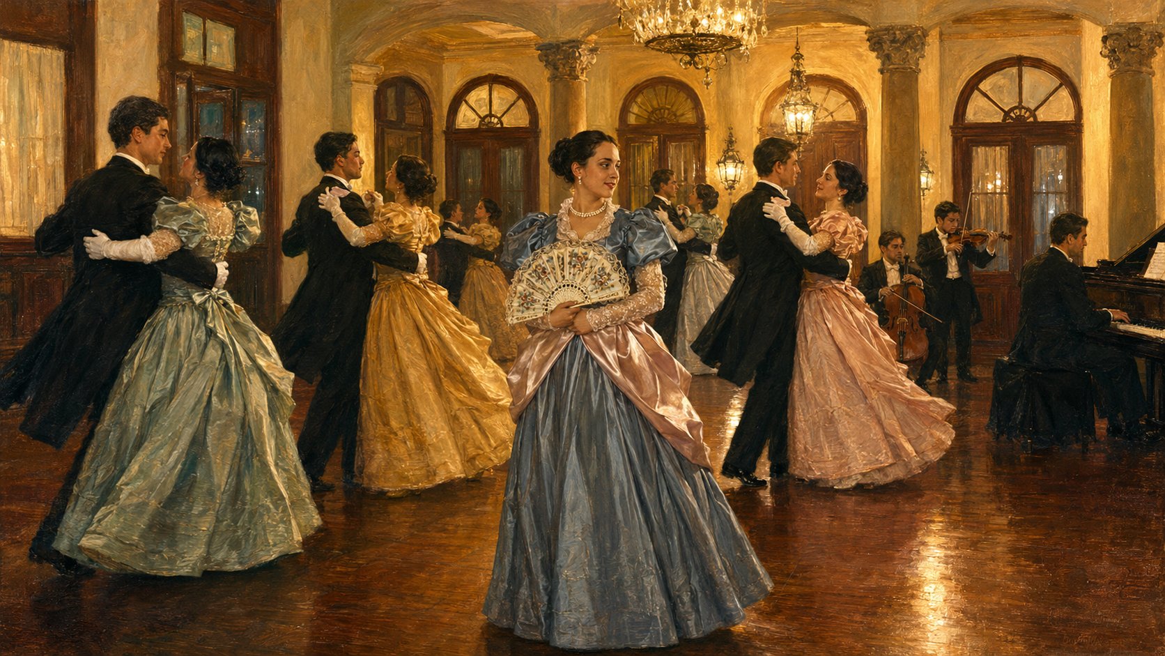Dama sola en un salón de baile, ilustración seleccionada para María Angélica
