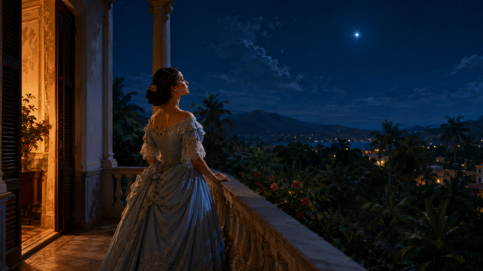 Mujer contemplando una estrella brillante desde un balcón tropical