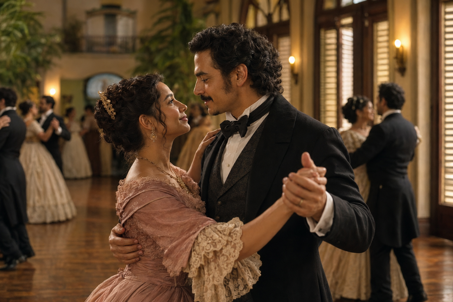 Pareja ficticia bailando en un salón colonial, inspirada en Nuestro amor