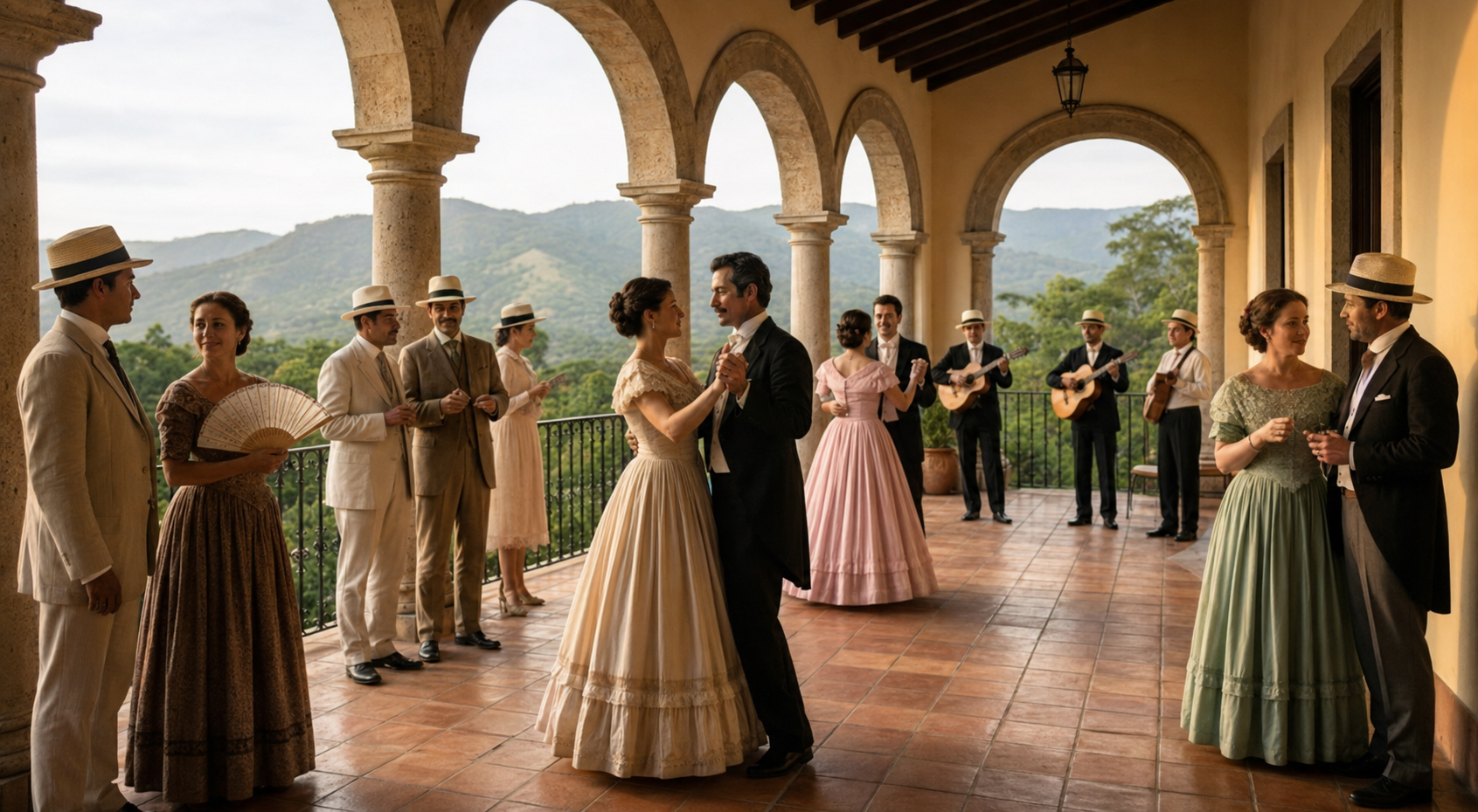 Baile de época en una terraza abierta al paisaje puertorriqueño