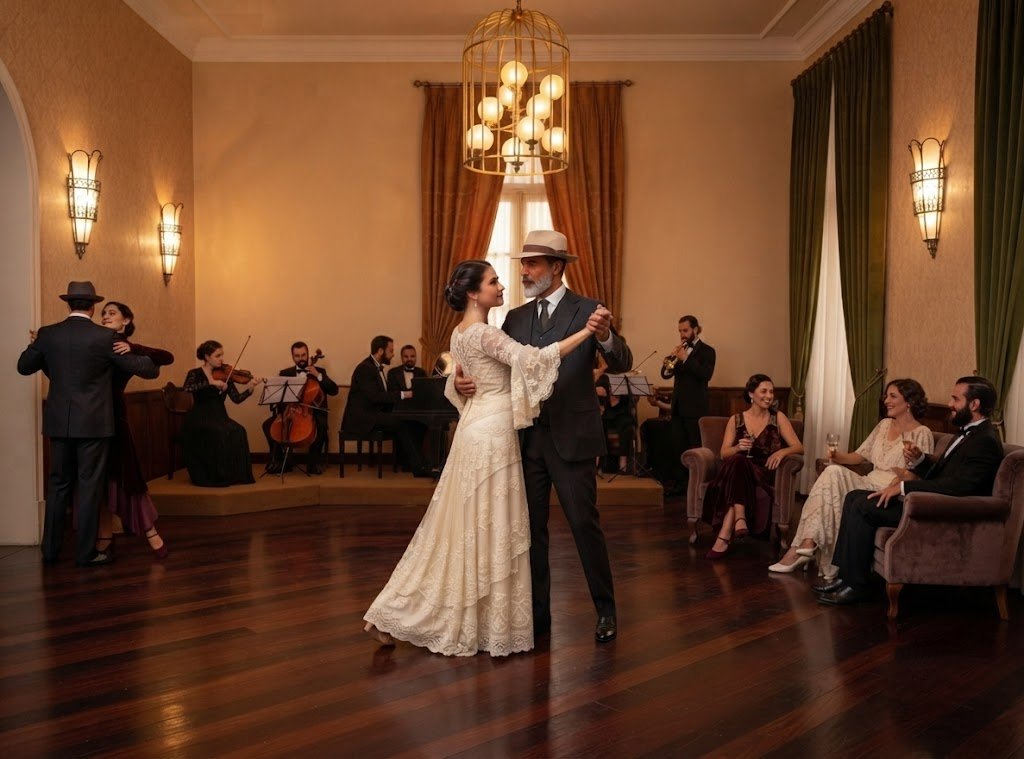Pareja bailando en un salón elegante acompañada por un pequeño conjunto musical