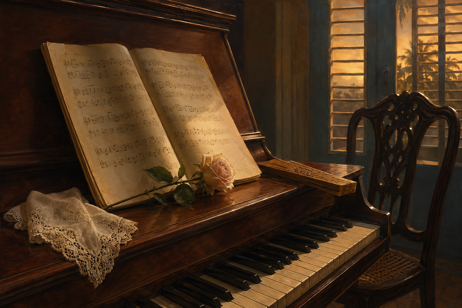 Partitura, rosa, pañuelo y silla vacía en una escena inspirada en Sin ti jamás