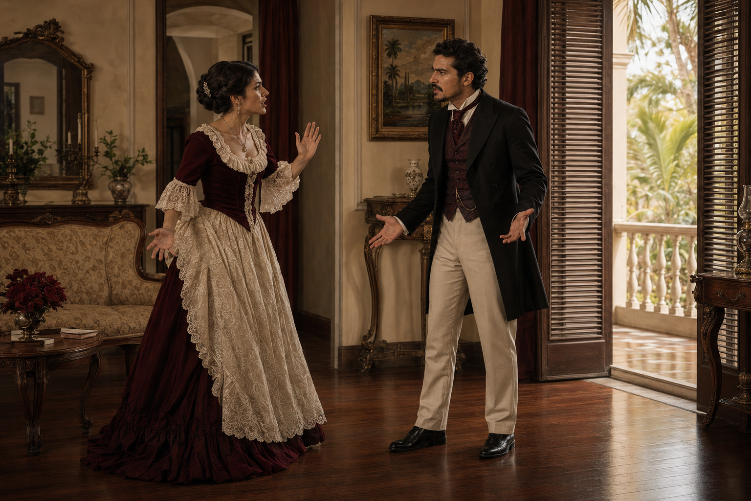 Pareja de época discutiendo en un salón, inspirada en Un conflicto