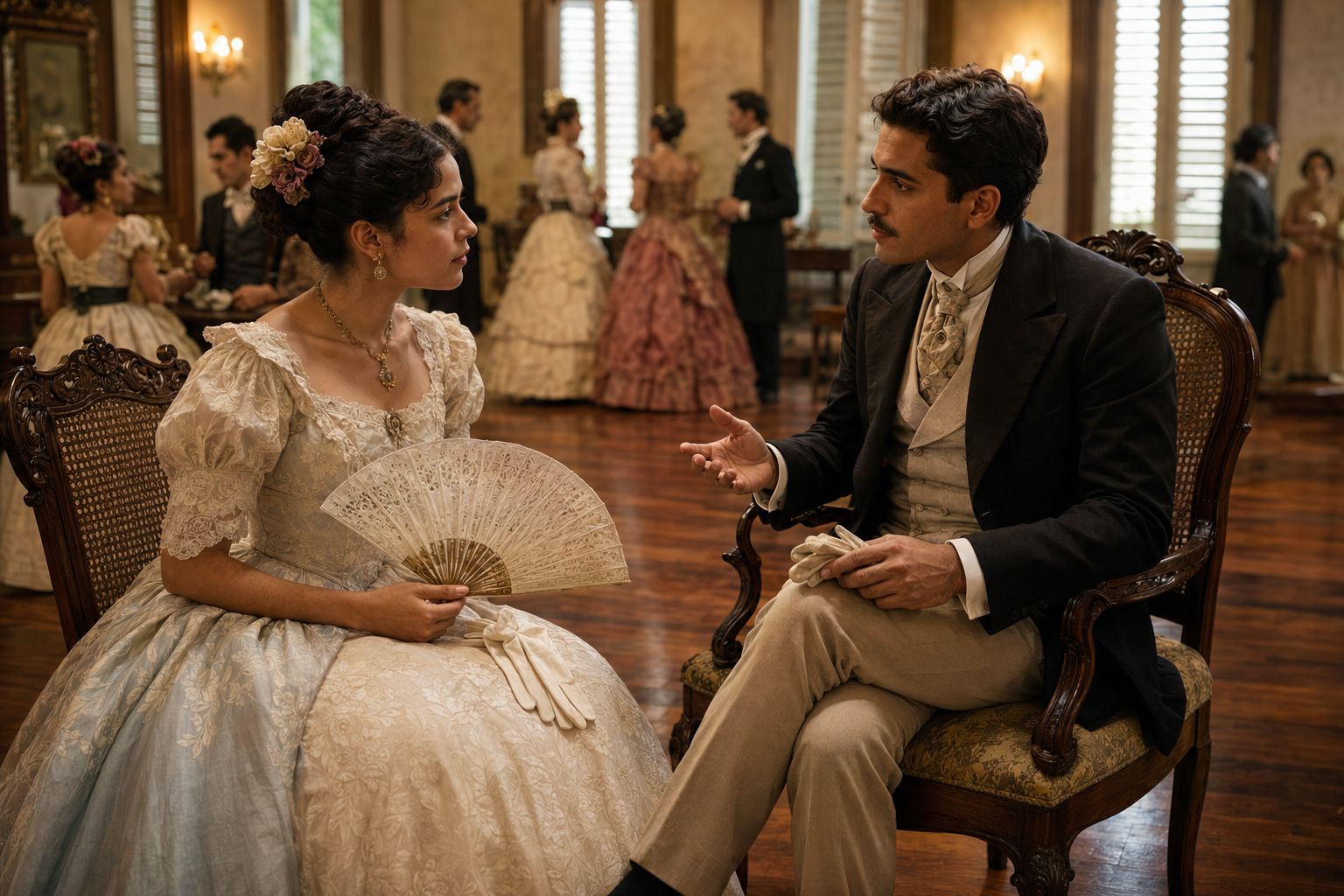 Pareja conversando respetuosamente en un salón puertorriqueño, inspirada en Un diálogo