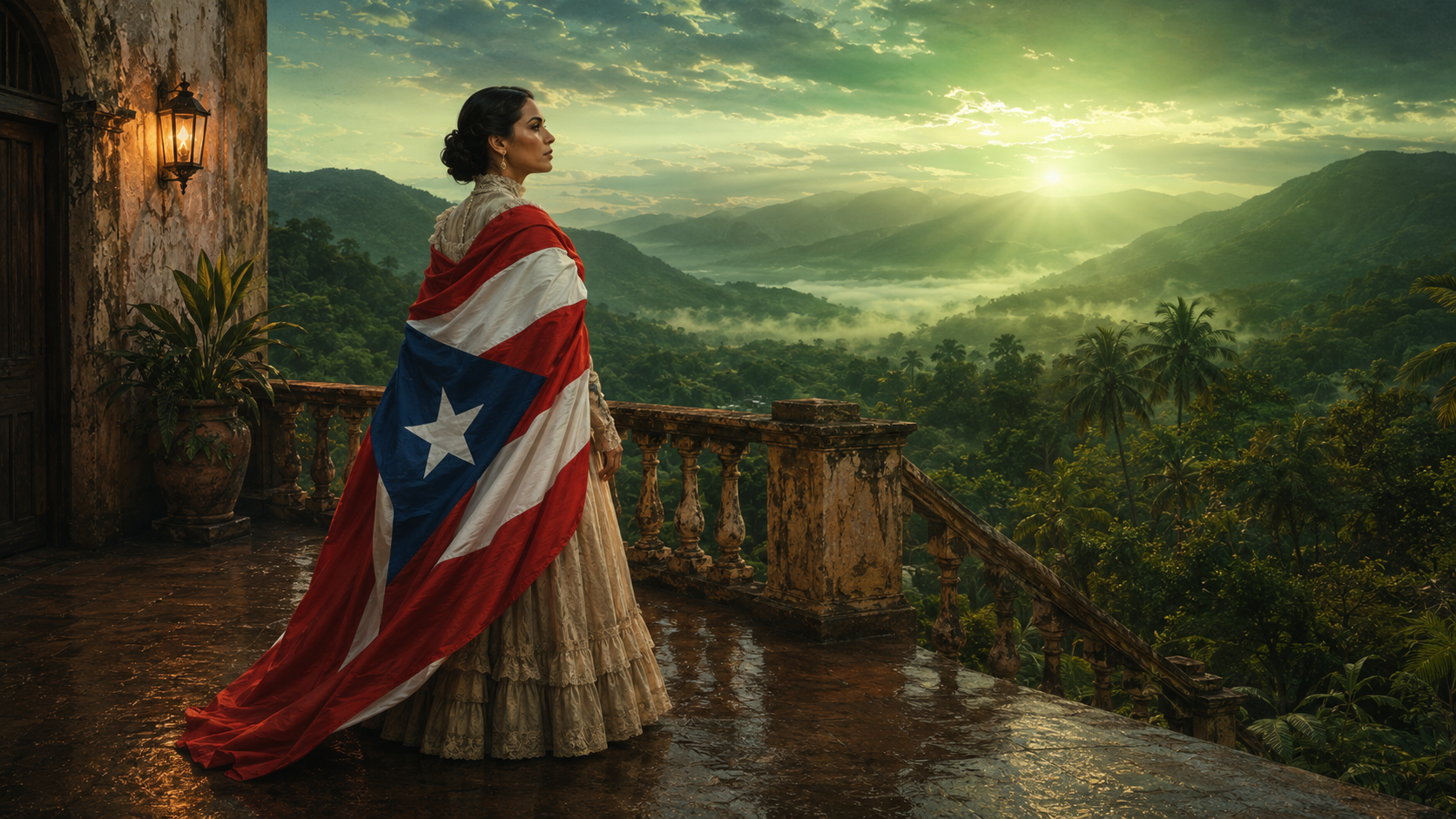Pareja bailando ante el paisaje de Puerto Rico acompañada por músicos con cuatro y güiro puertorriqueños