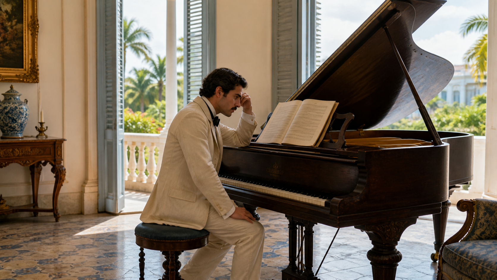 Pianista reflexivo ante un piano de cola