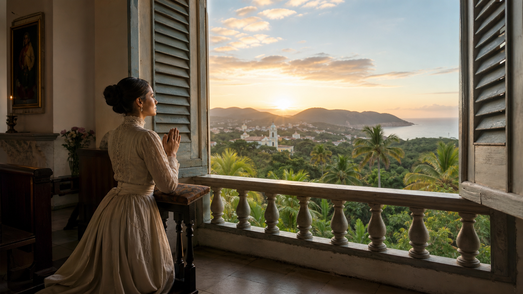 Mujer en oración ante un paisaje puertorriqueño