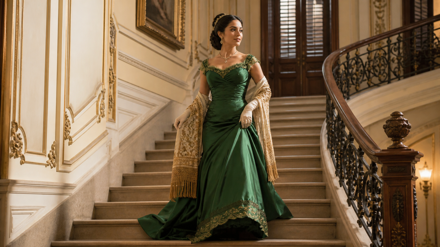 Joven con vestido esmeralda en una escalera